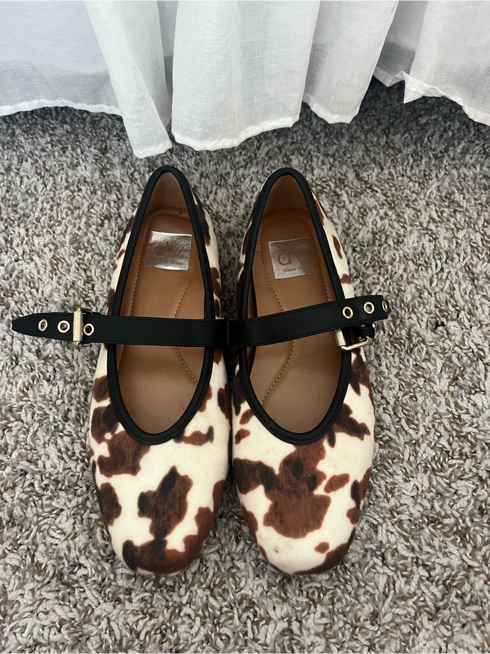 Dolce Vita Brown and Cream Cow-Print Mary Jane Flats with Black Strap
